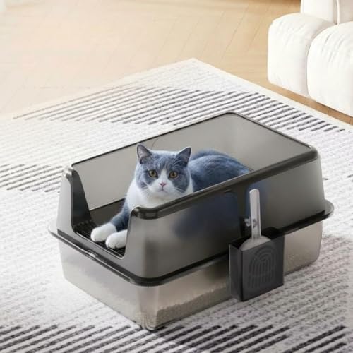 Arenero para gato de acero inoxidable, grande, con tapa y pala miniatura 1