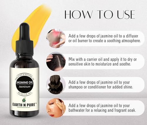 Image of Earth N Pure Jasmine Essential Oil|100% Natural and Therapeutic Grade|Undiluted|For Aromatherapy|Flawless Skin|Soap Making|Massage|Improve Hair Growth|Relaxation|With Glass Dropper |100ML