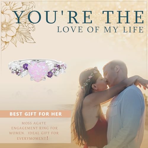 Pink Opal Engagement Rings for Women, Heart-shaped Opal Ring 925 Sterling Silver Wedding Bands for Women Promise Rings for Her Travel Wedding Ring Size 3-104