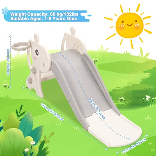 Rutsche Indoor Outdoor für Kinder, Kinderrutsche Faltbare mit Basketballkorb, Gartenrutsche Kleinkinderrutsche, Kinder Rutsche ab 1 2 3 Jahre (Hirsch – Grau)