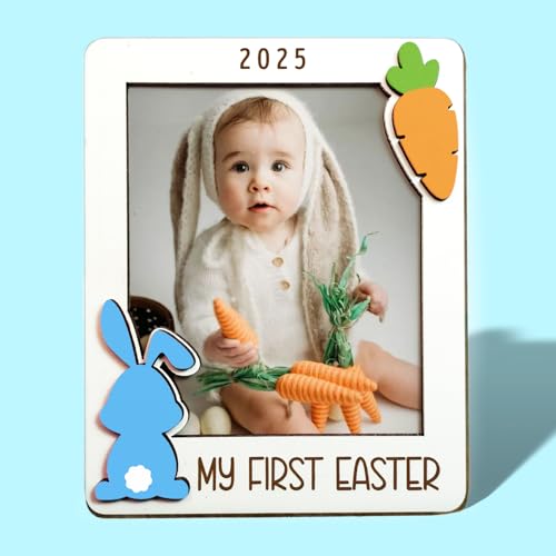 Image of Hangwoous Baby's First Easter Gift, Wooden Fridge Magnet Picture Frame, My First Easter 2025, Magnetic Easter Photo Frame for Refrigerator, Baby Basket Stuffers For Baby Boy,Girl