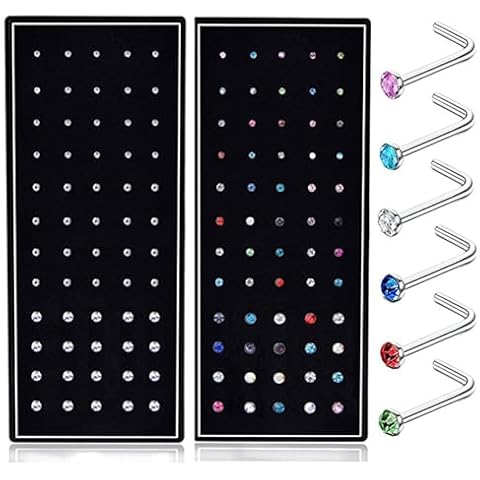 SMUOBT 120pcs 22G L Shaped Stainless Steel Nose Studs Rings Piercing Pin Body Jewelry 1.5mm 2mm 2.5mm a Set White and Colour Cover