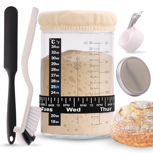 Image of Sourdough Starter Jar Kit 34oz - Wide Mouth Glass Jar with Thermometer Strip, Feeding Day Tracker, Silicone Spatula, Cloth Cover, Measuring Cups & Metal Lid for Homemade Artisan Sourdough Bread Baking