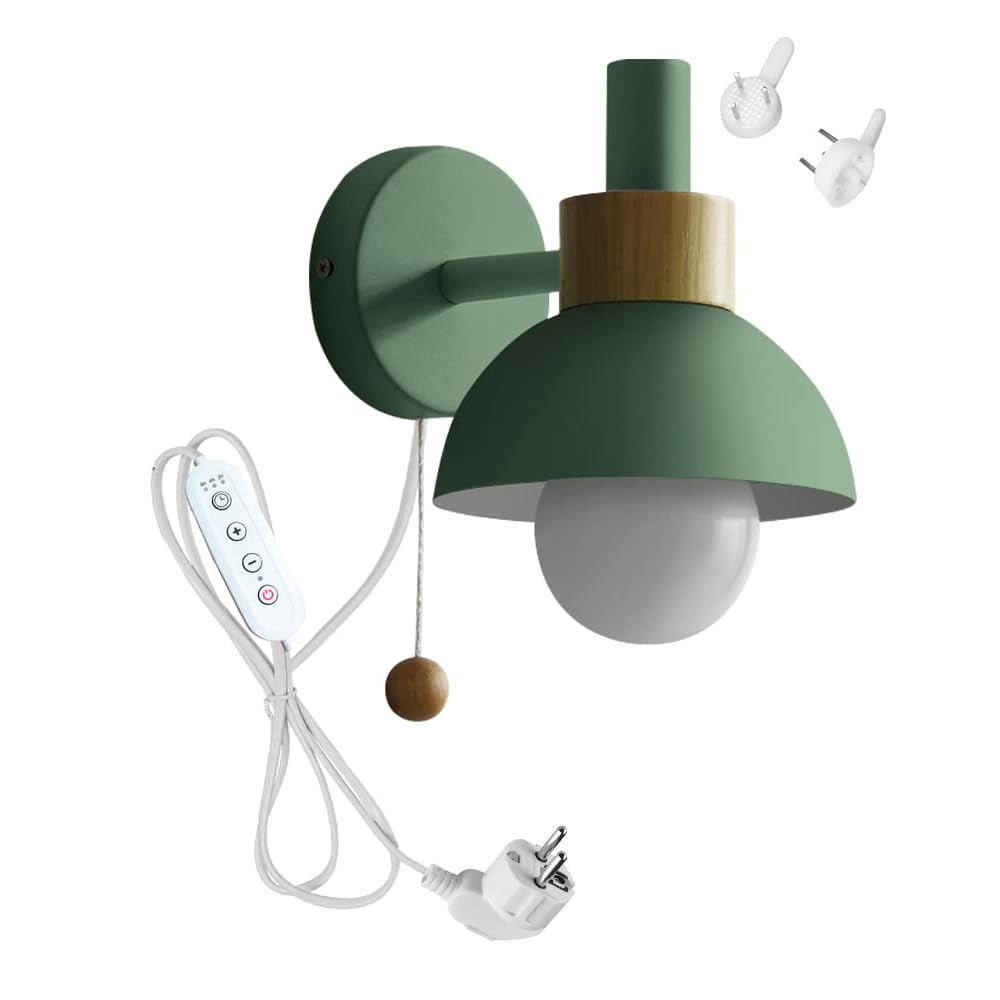 Dimmbar Wandleuchte Innen Mit Schalter, Vintage Metall Wandlampe mit E27 Lampenfassung und Zeitschaltuhr für Wohnzimmer Schlafzimmer TreppenhausFlur-grün(BD1433)