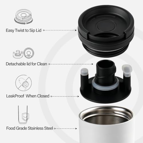 Image of 16 oz Travel Coffee Mug with Twist-Open Lid, Leak Proof Coffee Travel Mug, Insulated Tumbler Stainless Steel Coffee Cup For Hot And Iced Cold, Spill Proof Fits Cup Holder (White)