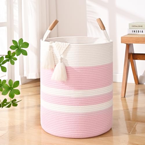 Image of Large Laundry Basket, Laundry Hamper with Leather Handles, 60L Woven Dirty Clothes Hamper, Rope Hampers for Bedroom, Barthroom, Pink
