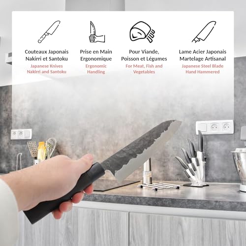 Miniatura 3 de Fishtec Juego De 2 Cuchillos Japoneses Nakiri Y Santoku Hoja De Acero Forjado 58 Hrc Mango De Madera De Palisandro Africano Caja De Regalo Protectora Martillado Artesanal