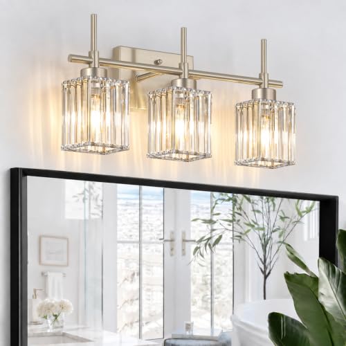 Torondo Modern Crystal Bathroom Vanity Light 3-Light Brushed Nickel Bathroom Light Fixtures Over Mirror Vanity Lighting Fixtures Square Shade Wall Sconce (Bulbs Not Include)