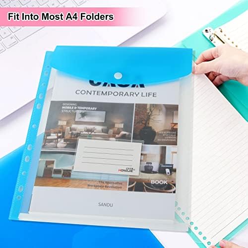 12 Pack Clear Punched Pockets A4 Plastic Folders Wallets Document Files Popper Wallets with Pocket, 11 Hole Ring Binder Files