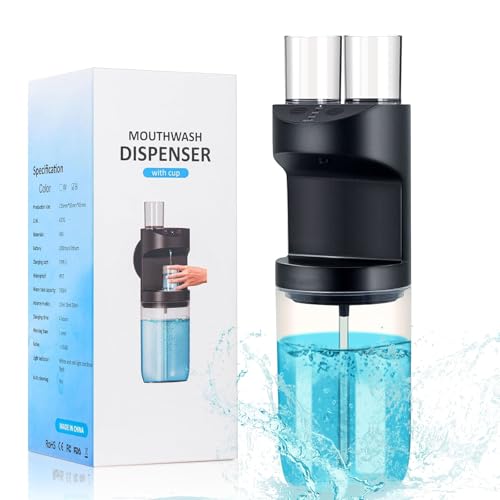 Dispensador automático de enjuague bucal de 550 ml, recipiente de enjuague bucal recargable con 3 niveles de dispensación, dispensador de enjuague bucal montado en la pared con 2 tazas magnéticas
