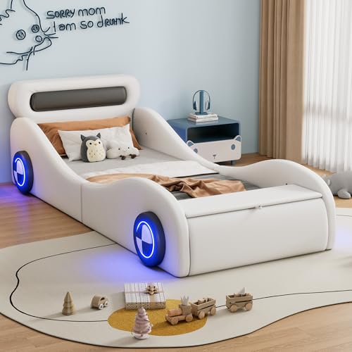 Zepneiy Lit Enfant 90x200 avec Espace de Rangement, Lit Voiture Garcon avec Roues Lumineuses et à Lattes, Cadre de lit Simple aus PU Blanc (sans Matelas)