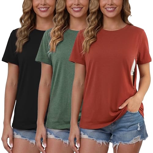 Image of Ecavus Women's 3-Pack Nursing Shirts for Breastfeeding with Hidden Zippers Loose Fit Maternity Tops