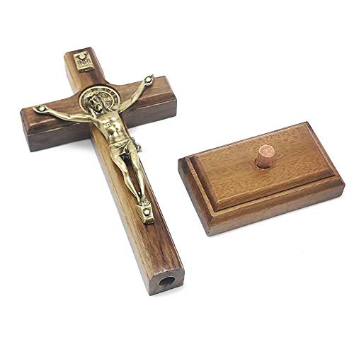 Crucifixo de Parede e Mesa Cristo Metal São Bento Dourado 12 cm