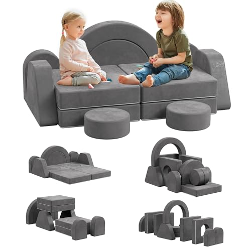 Image of HedoAjim 12 PCS Modular Kids Play Block Soft Child Couch Sofa Toddler Building Fortplay Climbing Bedroom Playroom Baby Convertible Floor Foam Cushion for Kids(Dark Gray-Double)