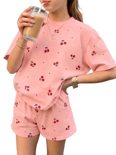 Image of KIDLAGA Girls Two Piece Sets Cherry Pattern Short Sleeve Shirts and Shorts Set With Pockets Girls Summer Outfits Size 7-14