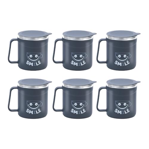 Image of ATTRO Happy Mug Set of 6-Comes with Double Wall Inner Stainless Still & Lid Stylish Cup Ideal for Hot Coffee, Tea - 300ml-Grey