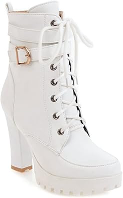 MIOKE Womens Round Toe Platform Dressy Ankle Boots Lace Up Zipper Chunky Block High Heel Dress Short Bootie