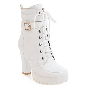 MIOKE Womens Round Toe Platform Dressy Ankle Boots Lace Up Zipper Chunky Block High Heel Dress Short Bootie
