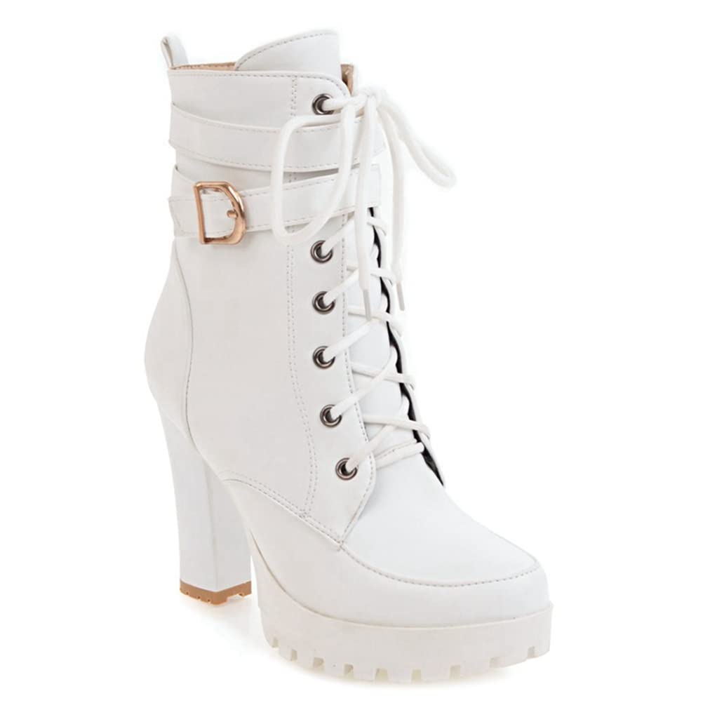 MIOKE Women's Round Toe Platform Dressy Ankle Boots Lace Up Zipper Chunky Block High Heel Dress Short Bootie