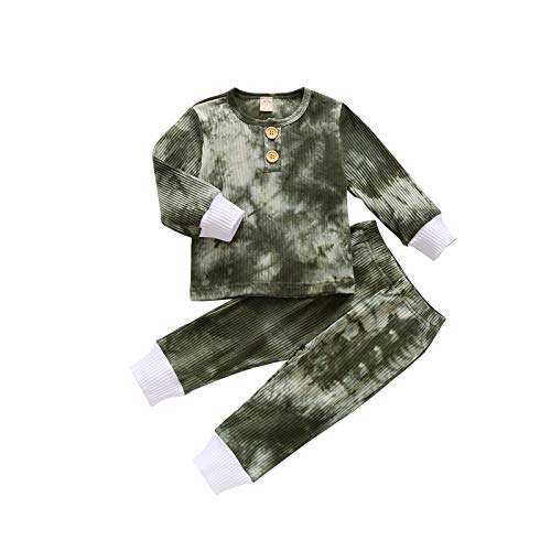 Toddler Baby Boy Girl Tie Dye Outfit Long Sleeve Ribbed Letters Print Button T-Shirt Top + Striped Pant 2pcs Fall Winter Fashion Clothes (6-12 Months, Deep Green)