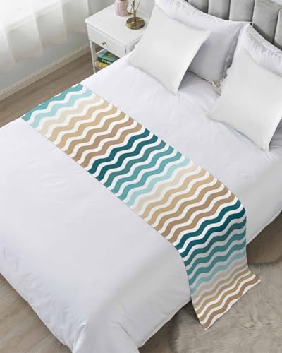 Yukro Gradient Bed Runner Scarf, Cyan Brown Water Ripple Striped Modern Abstract Queen Bed Scarf Runner, No Fading Decorative Bedding Scarf for Bedroom Hotels Homes and Guestrooms