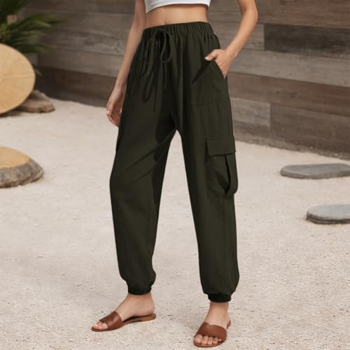 Women Summer Casual Work Pants High Waist Loose Drawstring