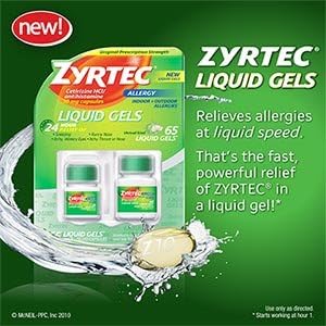 Zyrtec Cetirizine HCI/Antihistamine 10mg 65 Liquid Gels One Bottle of 25 and One Bottle of 40