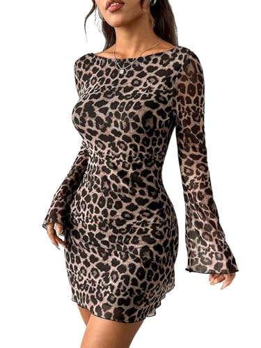 WDIRARA Women's Y2k Leopard Print Dress Mesh Bell Long Sleeve Backless Mini Dresses
