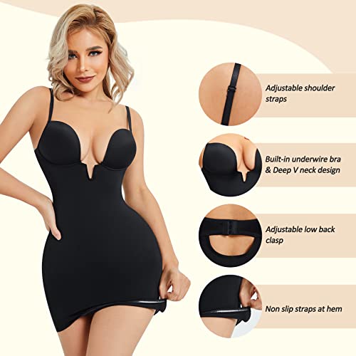 Irisnaya Women Full Slip Under Dress Shapewear Bodysuit Tummy Control Body Shaper Built-In Bra U Plunge Slips Smooth Lingerie (Medium,Black #TOP2