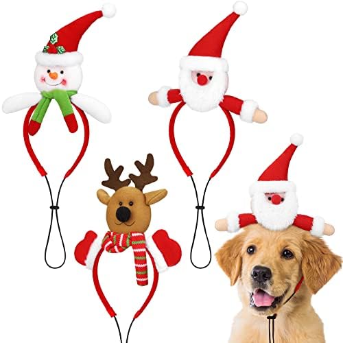 Pedgot 3 Pack Christmas Dog Headbands Reindeer Snowman, Santa Claus Assorted Styles Xmas Hair Hoop for Pet Christmas Hair Accessory Party Hats