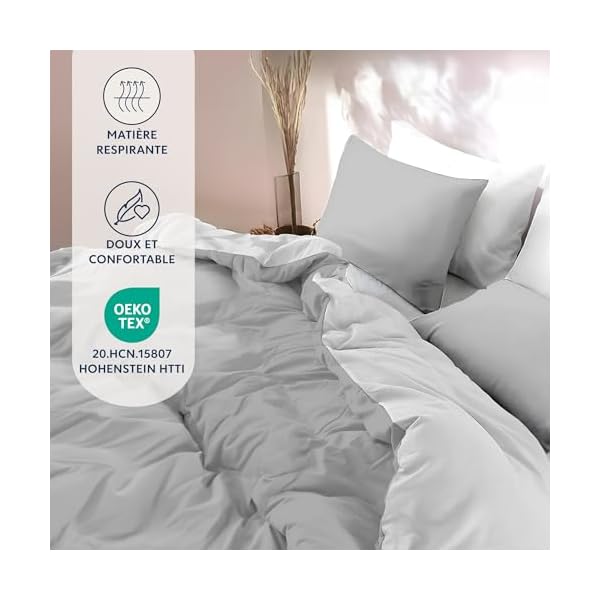 Dreamzie - Housse de couette 240 x 220 cm avec 2 taies d'oreiller 65 x 65 cm - Gris clair/blanc - Parure de lit 240 x 220 cm 100 % microfibre - 3 pièces - Certifiée sans produits chimiques (Oeko-Tex)
