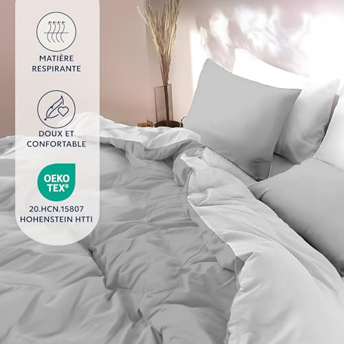 Parure de lit 240x220 gris clair blanche 3 pièces housse de couette microfibre