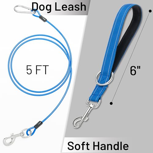 Short Dog Leash - Chew Proof 5 FT Tie Out Cable with Reflective Soft Padded Handle for Training Walking Running Hiking Camping - Heavy Duty Lead for Small Medium Large Dogs - Blue