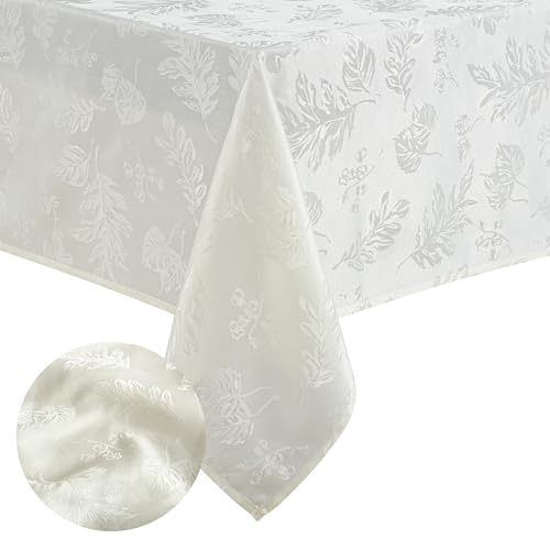 Elrene Home Fashions Elegant Woven Leaves Jacquard Damask Wrinkle Resistant Tablecloth, 60" x 144", Oblong, Ivory by Elrene - Used condition - US$10.15