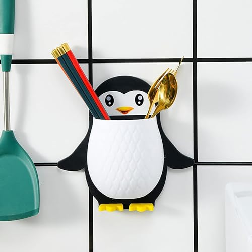 Image of UCRAVO PACK OF 1 Penguin Wall Mounted Toothbrush Holder-MULTI Self-Adhesive Multi-Purpose Storage Rack for Makeup Tools, Pens, Kitchen Utensils, and Bathroom Essentials No Drilling Required, Plastic