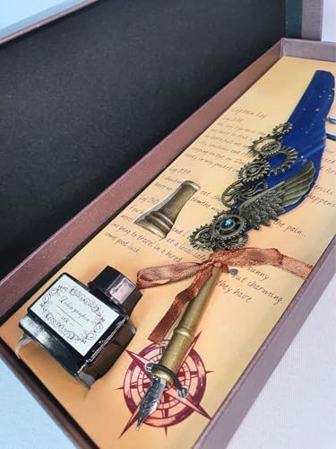 Kit Caneta Tinteiro Pena Engrenagem Azul