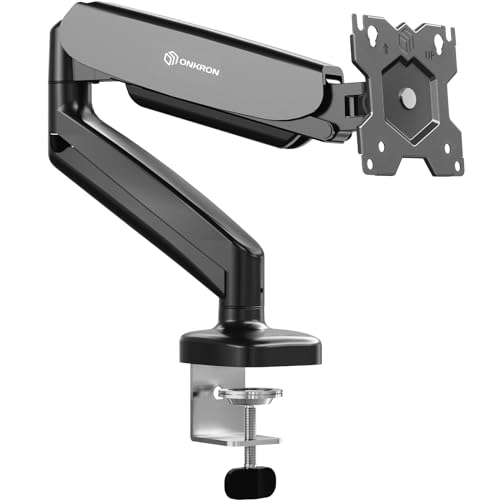 Image of ONKRON Monitor Arm Desk Mount 13-32 Inch, 17.6 lbs, max VESA 100x100, Black | Single monitor arm with 19.2 inch extension, gas spring, swivel, tilt and rotation; C-clamp or grommet mount for office & gaming