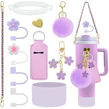 Velaco 11 PCS Accessories for Stanley Cup, Water Bottle Handle Strap for Stanley 30/40 oz tumbler with handle, including Straw Toppers, Silicone Cup Boot, Keychain Charms - Purple