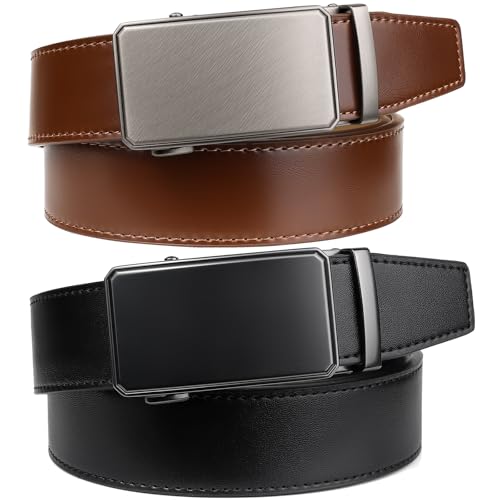 Image of 2 Pack Ratchet Belt 1 3 /8 inch, Mens leather Dress Belt in Gift Set Size 28 inch-62 inch Adjustable waist Trim to Fit