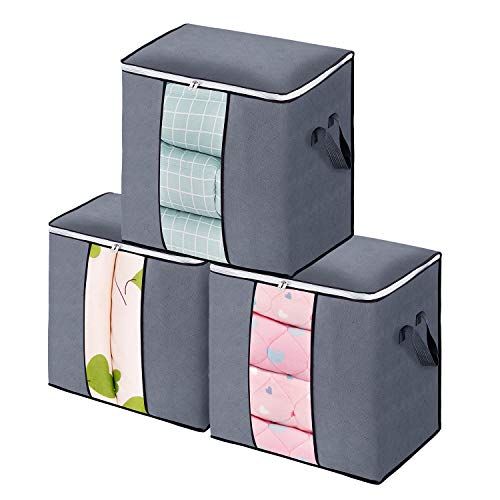 Clothes Storage Bags, Large Capacity Clothing Closet Organizer for King Comforters, Blankets, Duvet and Quilt with Reinforced Handle, Clear Windows and Sturdy Zipper, 3 Pack, 95L, light Grey