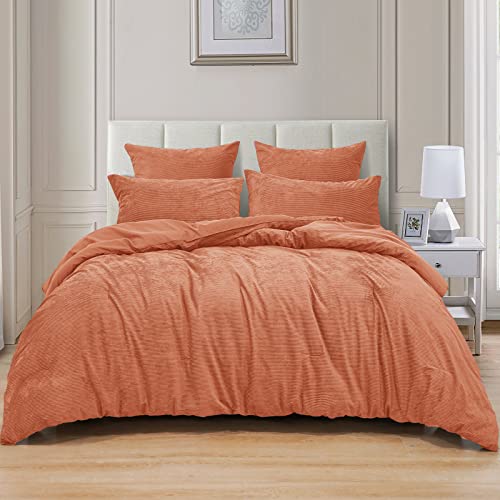 Phf Luxurious Velvet Corduroy Comforter Set Queen, 5Pcs Ultra Soft Warm Comforter Set For Fall And Winter, Luxury Cozy Flannel Bed In A Bag, Include Comforter, Pillow Shams And Euro Shams, Rust Orange #TOP15