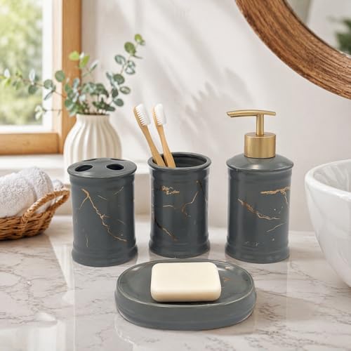 Image of Whizzo Ceramic Bathroom Set - Italian 4 Piece Bath Accessories Set with Soap Dispenser, Toothbrush Holder, Tumbler & Soap Dish - Modern & Designer Decor for Home & Guest Bathrooms (BS-822-GREY)