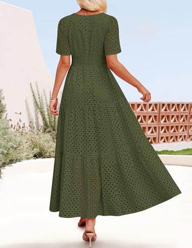 Image of ZESICA Women's 2026 Summer Short Sleeve Maxi Dress Casual V Neck Hollow Out Eyelet Ruffle Swing A Line Long Dresses