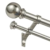 Double Curtain Rod 48 to 84 inch, Adjustable 1 inch Double Drapery Rod Rods for Windows and Doors with Ball Round Finials and Premium Aluminum Brackets Set(48-84',Brushed Nickel)