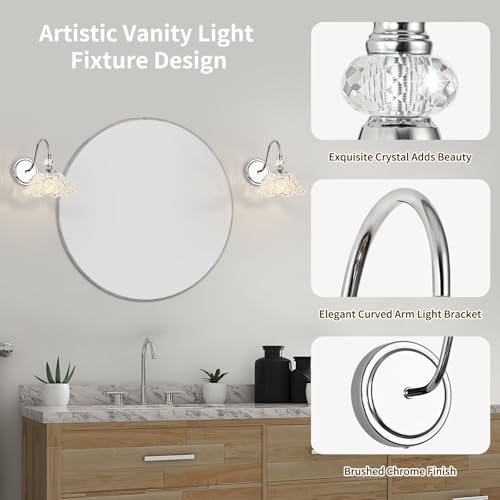 Image of 1 Piece Chrome Wall Sconce with Floral Clear Glass Shade, Modern Wall Mount Lighting for Bathroom,Modern Bathroom Vanity Light Fixture