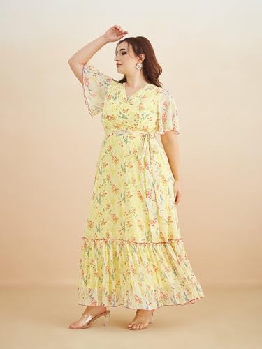 Image of Miss Chase A+ Women's Bohemian V-Neck Flutter Sleeve Chiffon Relaxed Fit Wrap Maxi Dress