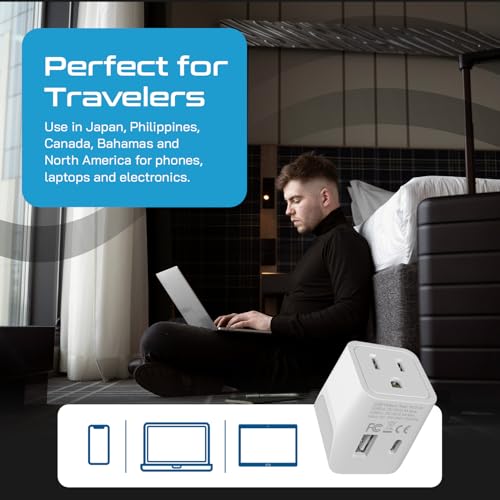 Image of Ceptics Japan, Philippines Travel Adapter Plug with USB-A + USB-C - Usa Input - Type A - Ultra Compact (CTU-6) - Perfect for Cell Phones, Laptops, Camera Chargers