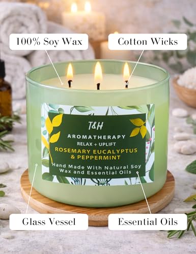 Rosemary Eucalyptus Peppermint 3 Wick Candle for Home Scented | 15.8 oz Large Soy Candle | Spa Aromatherapy Candles for Home Stress Relief | Clean Burn | Gift for Women & Men - Image 6