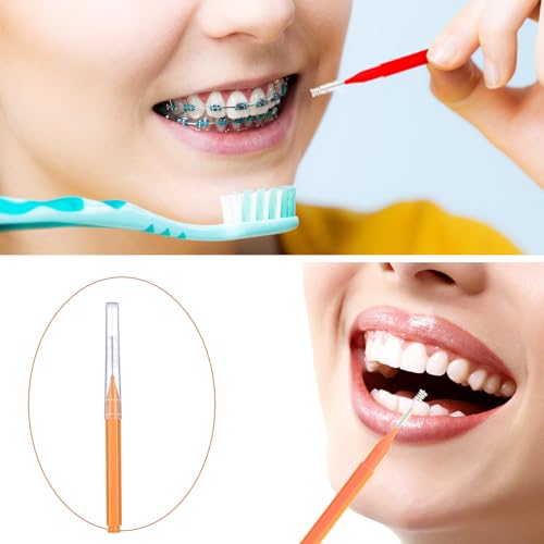 Image of Patelai 100 Pieces Braces Dental Brush for Cleaner Interdental Toothpick Dental Tooth Flossing Head Oral Hygiene Flosser Toothpick Cleaners Tooth Tool(Orange,Red,Suitable Size)