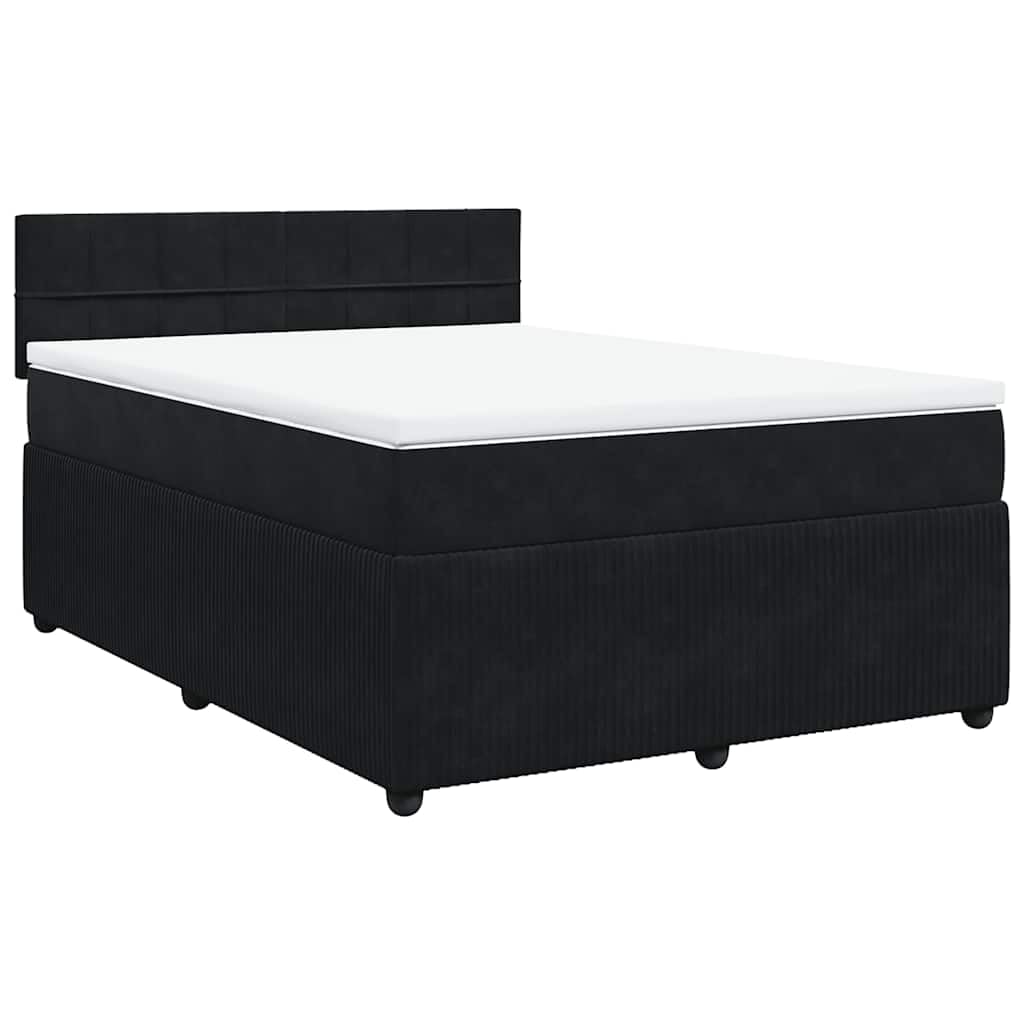 Aksamitne łóżko sprężynowe Upholstered Box z mattressą, czarne, 140 x 200 cm, Medium Firm Pocket Spring Mattress & Washable Topper, solidne nogi z drewna sosnowego dla optymalnego wsparcia